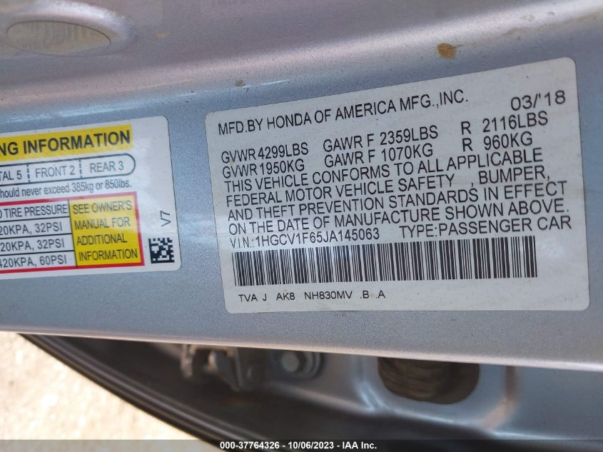 2018 HONDA ACCORD EX-L - 1HGCV1F65JA145063