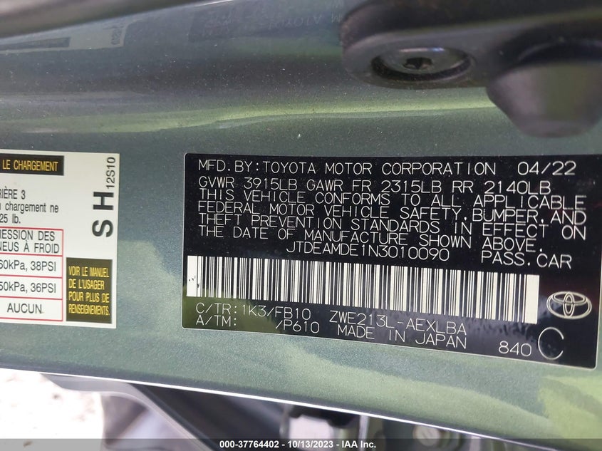 2022 TOYOTA COROLLA 1.8L HYBRID DOHC 16-(VIN: JTDEAMDE1N3010090
