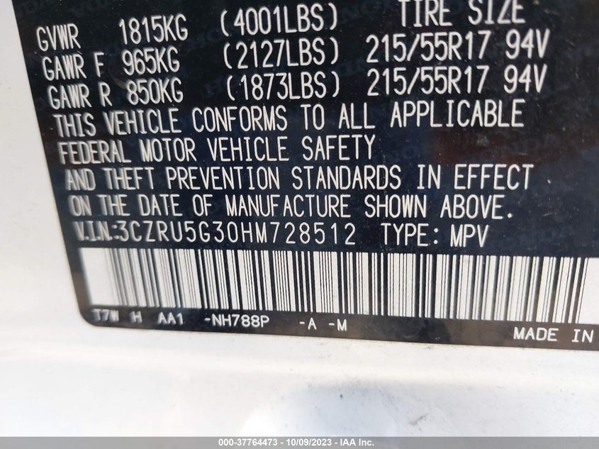 VIN 3CZRU5G30HM728512 2017 HONDA HR-V LX