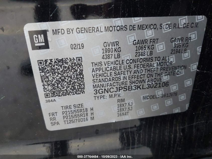 2019 CHEVROLET TRAX LT - 3GNCJPSB3KL302106