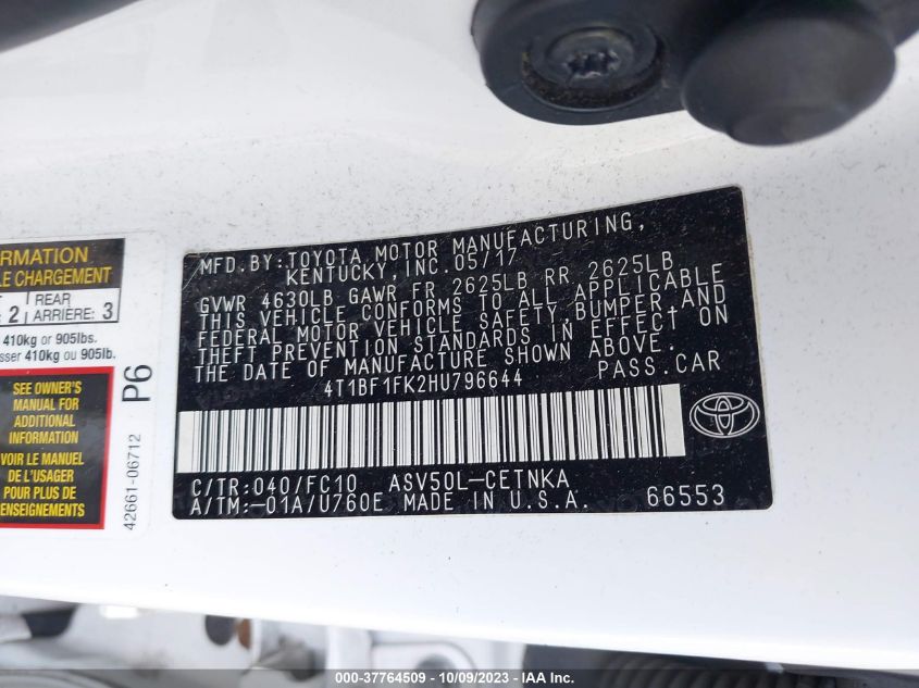 2017 TOYOTA CAMRY LE/XLE/SE/XSE - 4T1BF1FK2HU796644
