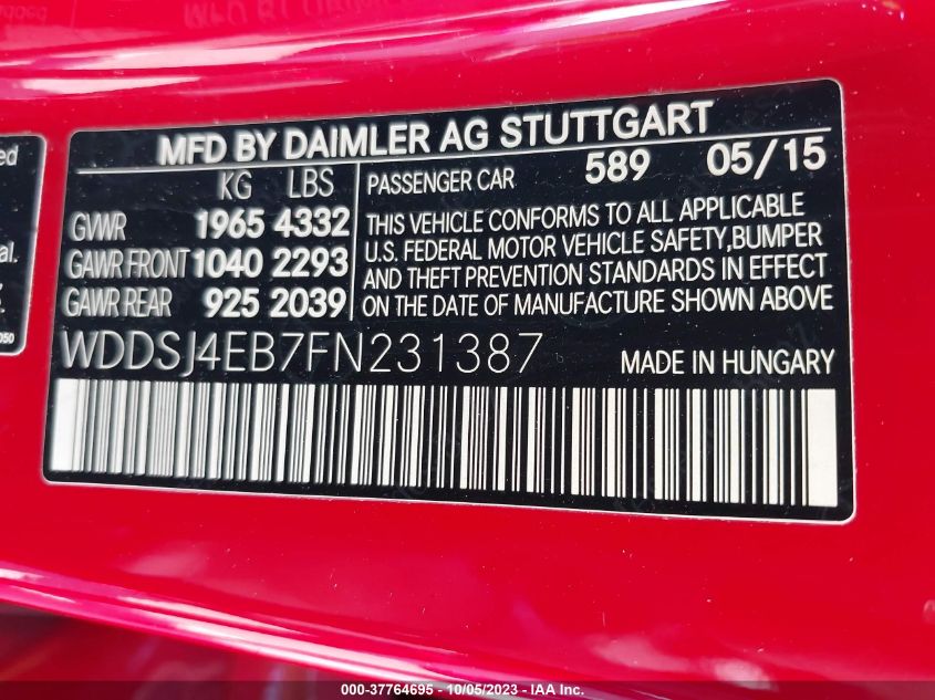 2015 MERCEDES-BENZ CLA-CLASS CLA 250 WDDSJ4EB7FN231387