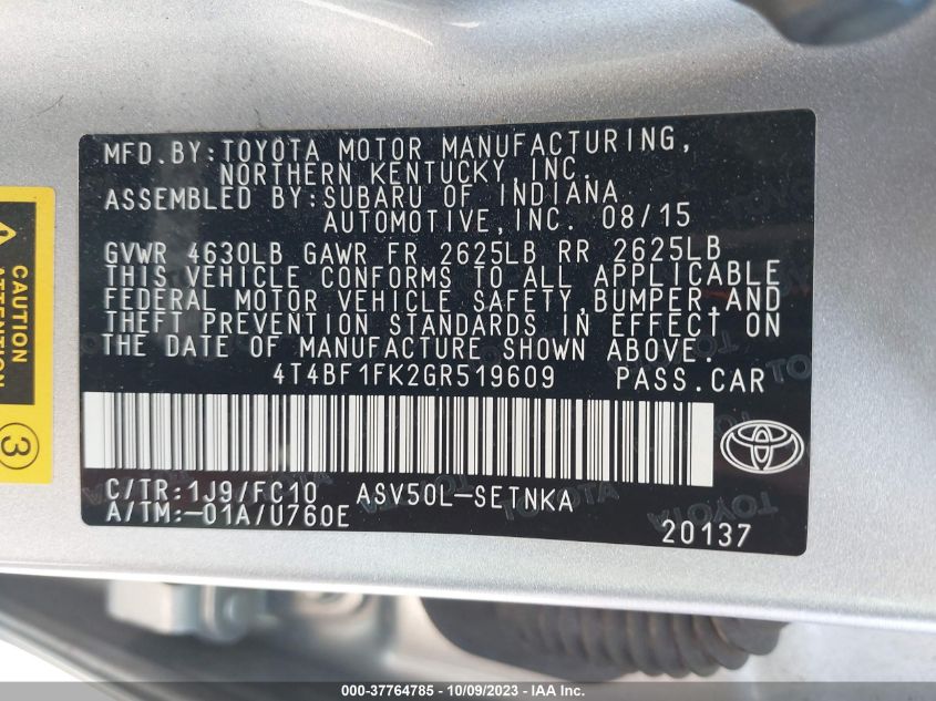 2016 TOYOTA CAMRY LE/XLE/SE/XSE - 4T4BF1FK2GR519609