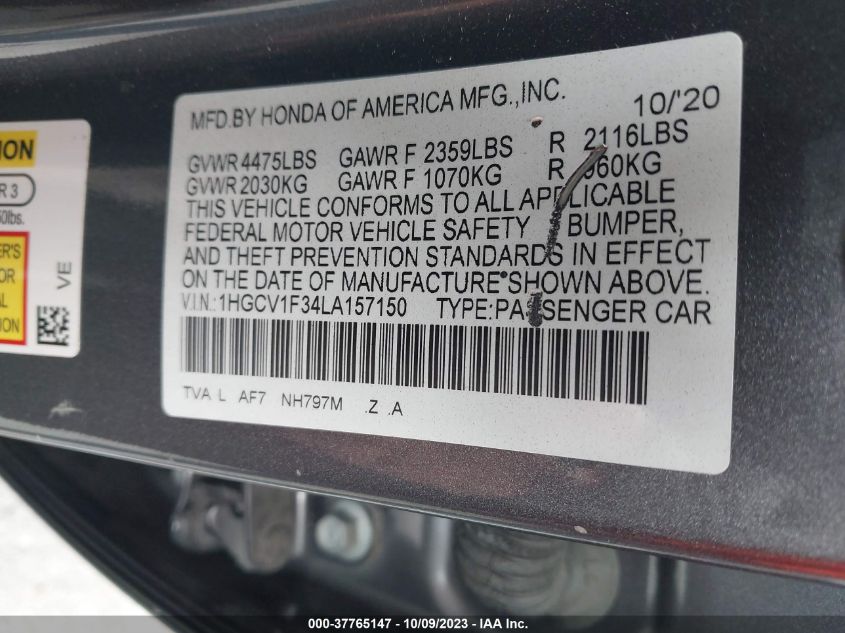 VIN 1HGCV1F34LA157150 2020 HONDA ACCORD SEDAN SPORT