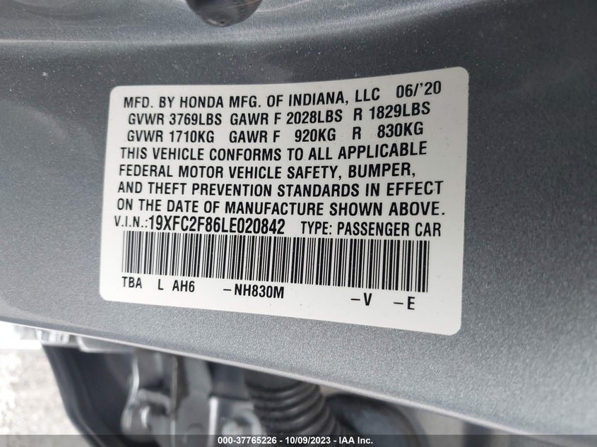 VIN 19XFC2F86LE020842 2020 HONDA CIVIC SEDAN SPORT