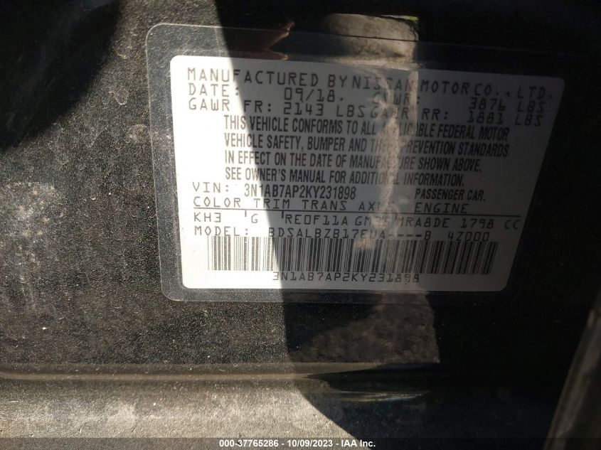 2019 NISSAN SENTRA S - 3N1AB7AP2KY231898