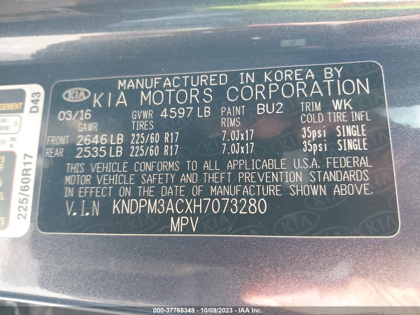 VIN KNDPM3ACXH7073280 2017 KIA SPORTAGE LX