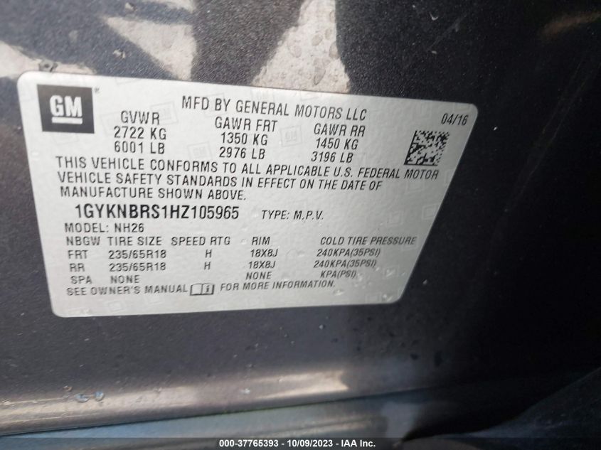 2017 CADILLAC XT5 LUXURY FWD - 1GYKNBRS1HZ105965