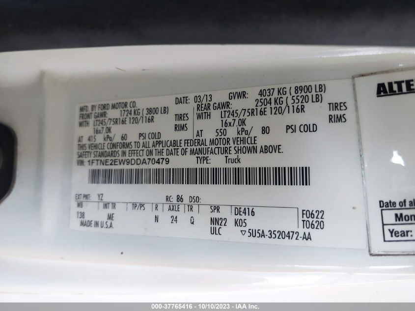 2013 FORD ECONOLINE CARGO VAN COMMERCIAL/RECREATIONAL 1FTNE2EW9DDA70479