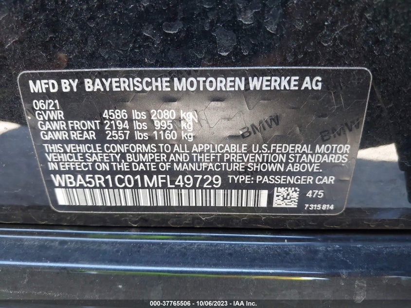 VIN WBA5R1C01MFL49729 2021 BMW 3 SERIES 330I