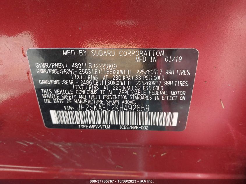 2019 SUBARU FORESTER PREMIUM - JF2SKAEC2KH492659