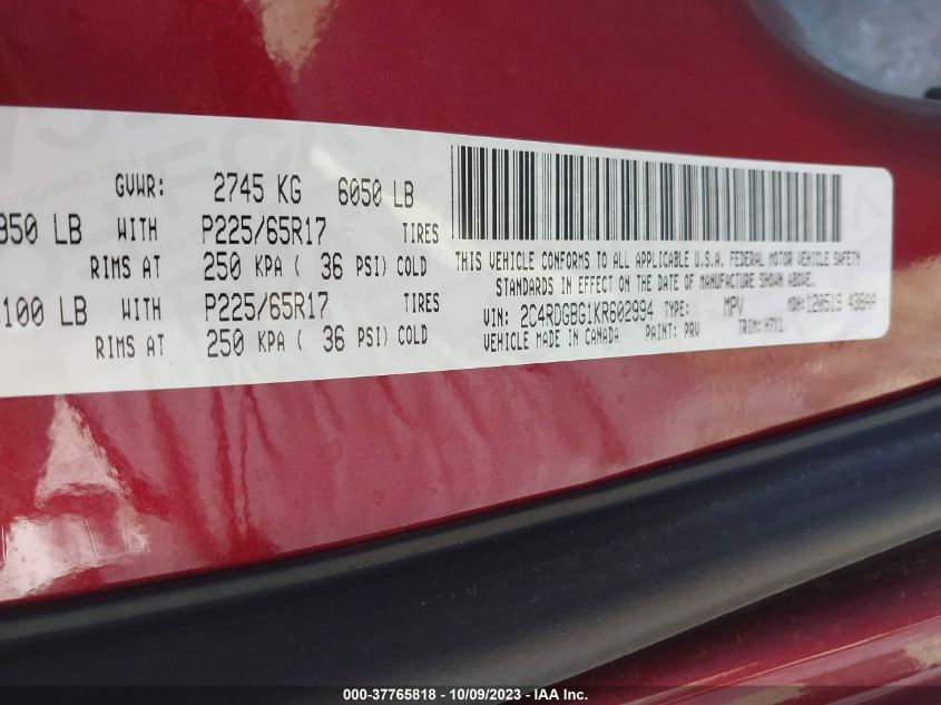 2019 DODGE GRAND CARAVAN SE - 2C4RDGBG1KR602994