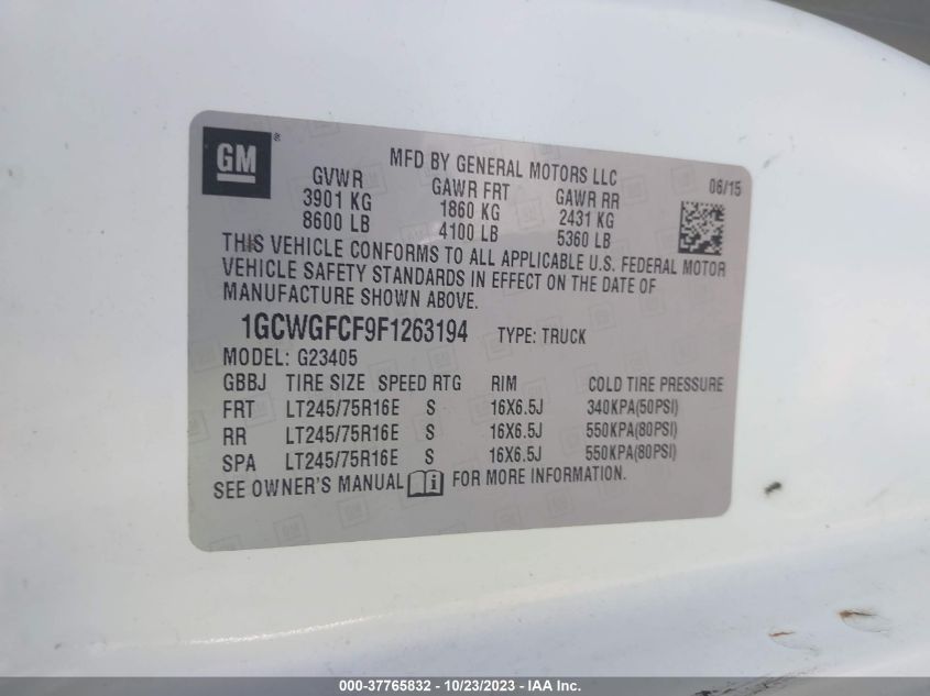 2015 CHEVROLET EXPRESS 2500 WORK VAN - 1GCWGFCF9F1263194