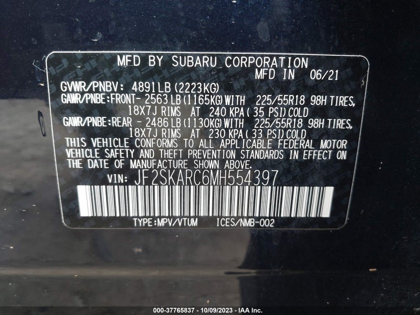 VIN JF2SKARC6MH554397 2021 SUBARU FORESTER SPORT