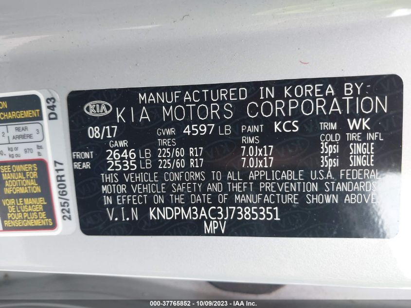 VIN KNDPM3AC3J7385351 2018 KIA SPORTAGE LX