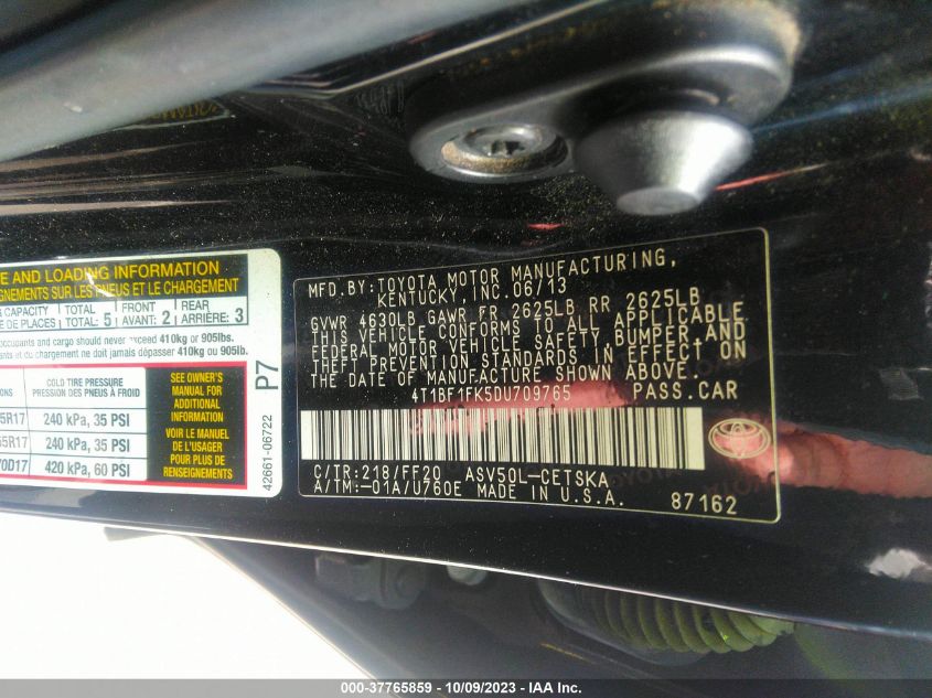 2013 TOYOTA CAMRY L/LE/SE/XLE - 4T1BF1FK5DU709765