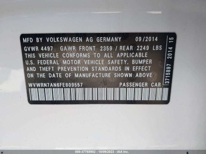 2015 VOLKSWAGEN CC EXECUTIVE - WVWRN7AN6FE809557
