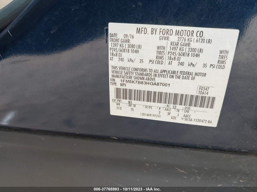 VIN 1FM5K7B83HGA87001 2017 FORD EXPLORER BASE