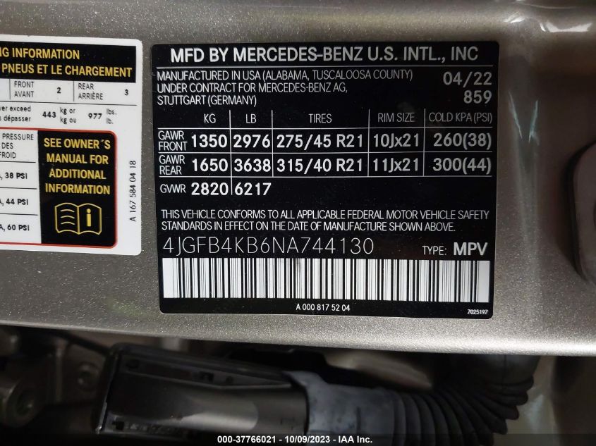 VIN 4JGFB4KB6NA744130 2022 MERCEDES-BENZ GLE GLE 350