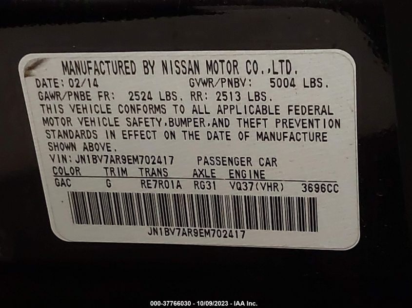 2014 INFINITI Q50 PREMIUM/SPORT JN1BV7AR9EM702417