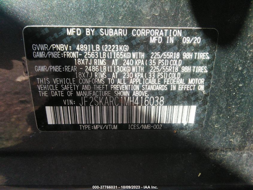 VIN JF2SKARC1MH416038 2021 SUBARU FORESTER SPORT