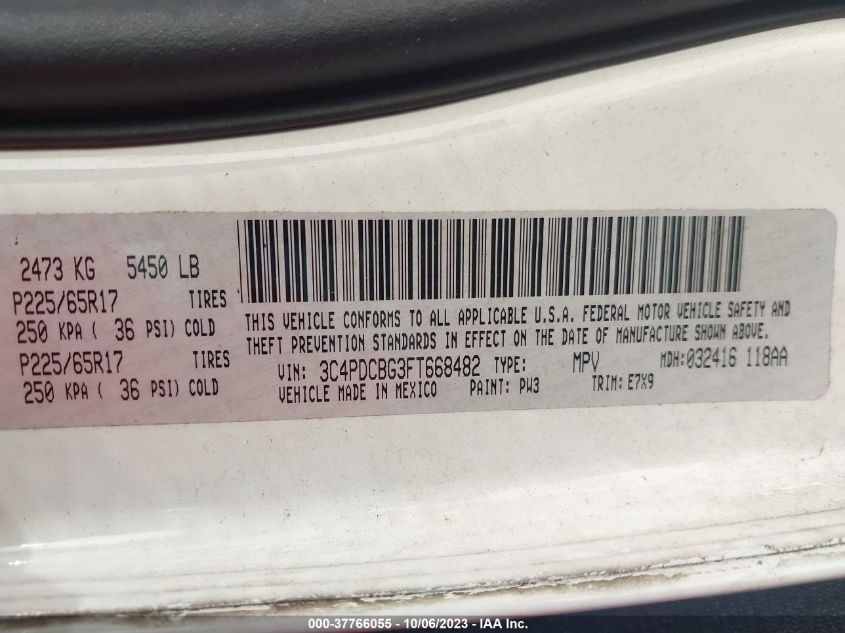 2015 DODGE JOURNEY SXT - 3C4PDCBG3FT668482