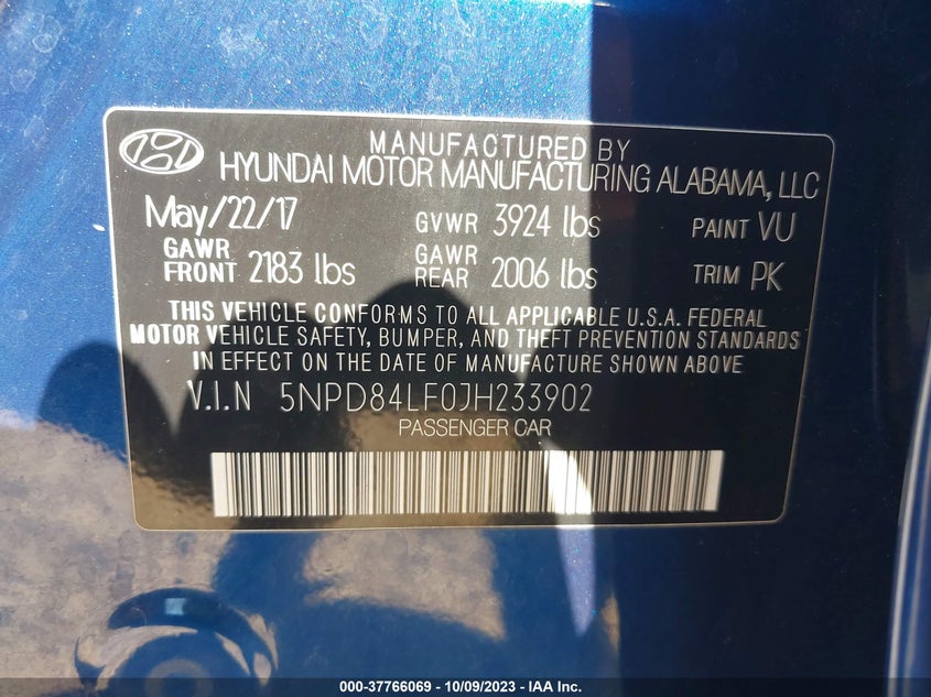 VIN 5NPD84LF0JH233902 2018 HYUNDAI ELANTRA SEL