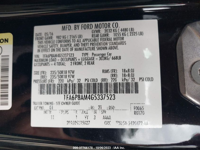 2016 FORD MUSTANG V6 - 1FA6P8AM4G5337523
