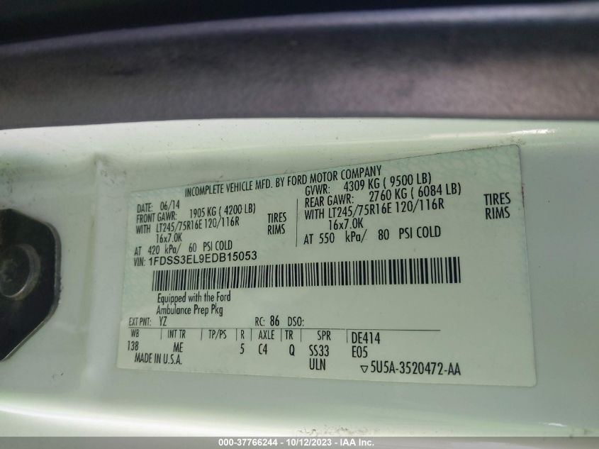 2014 FORD ECONOLINE CARGO VAN COMMERCIAL/RECREATIONAL 1FDSS3EL9EDB15053