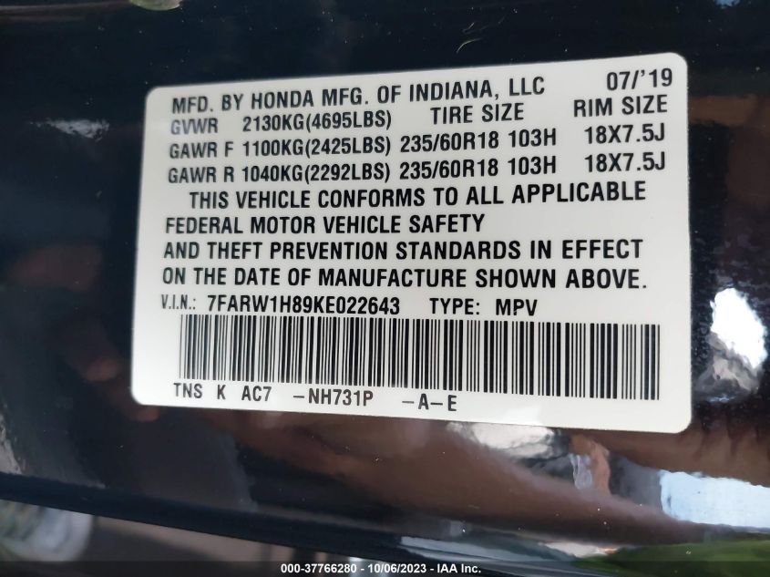 2019 HONDA CR-V EX-L - 7FARW1H89KE022643