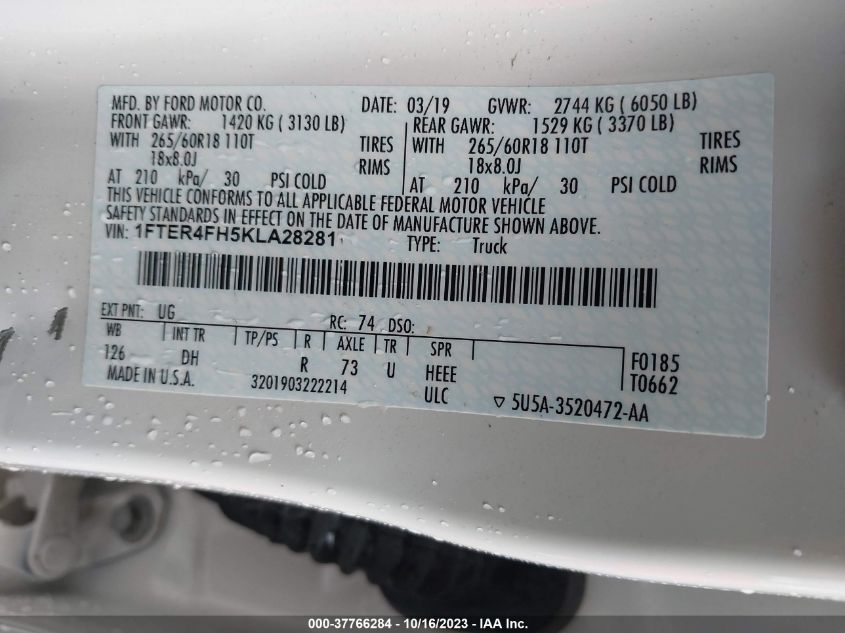 VIN 1FTER4FH5KLA28281 2019 FORD RANGER XL/XLT/LARIAT