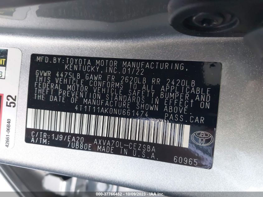 2022 TOYOTA CAMRY SE - 4T1T11AK0NU661474