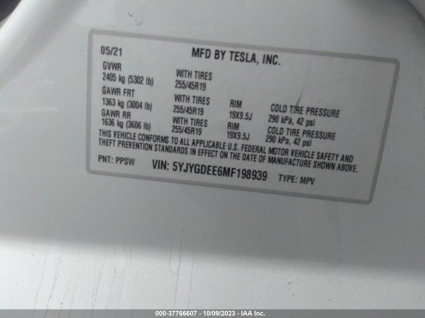 2021 TESLA MODEL Y - 5YJYGDEE6MF198939