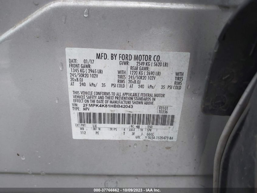 VIN 2FMPK4K81HBB42043 2017 FORD EDGE TITANIUM
