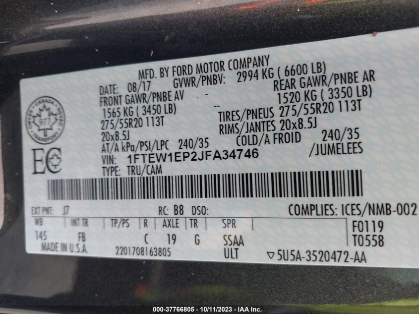 2018 FORD F-150 XL/XLT/LARIAT - 1FTEW1EP2JFA34746