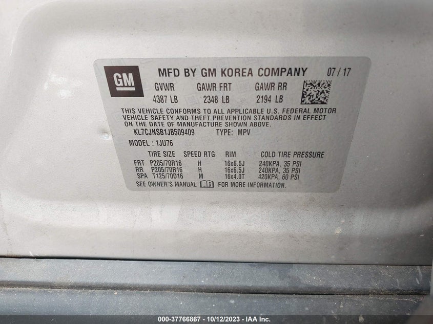 VIN KL7CJNSB1JB509409 2018 CHEVROLET TRAX LS