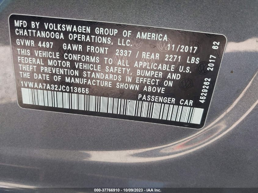 2018 VOLKSWAGEN PASSAT 2.0T S/R-LINE - 1VWAA7A32JC013655