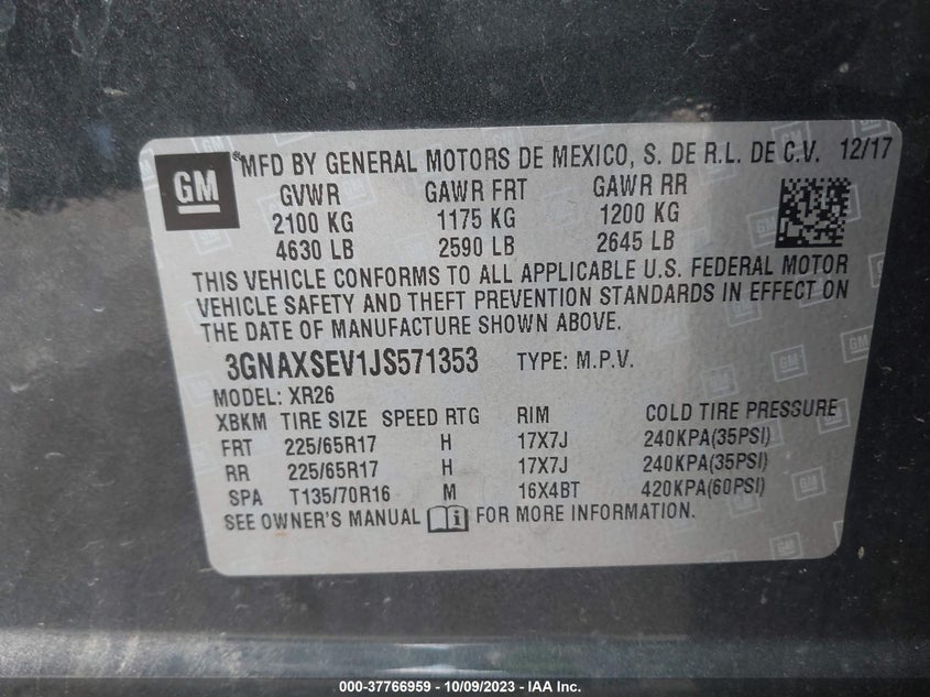 VIN 3GNAXSEV1JS571353 2018 CHEVROLET EQUINOX LT