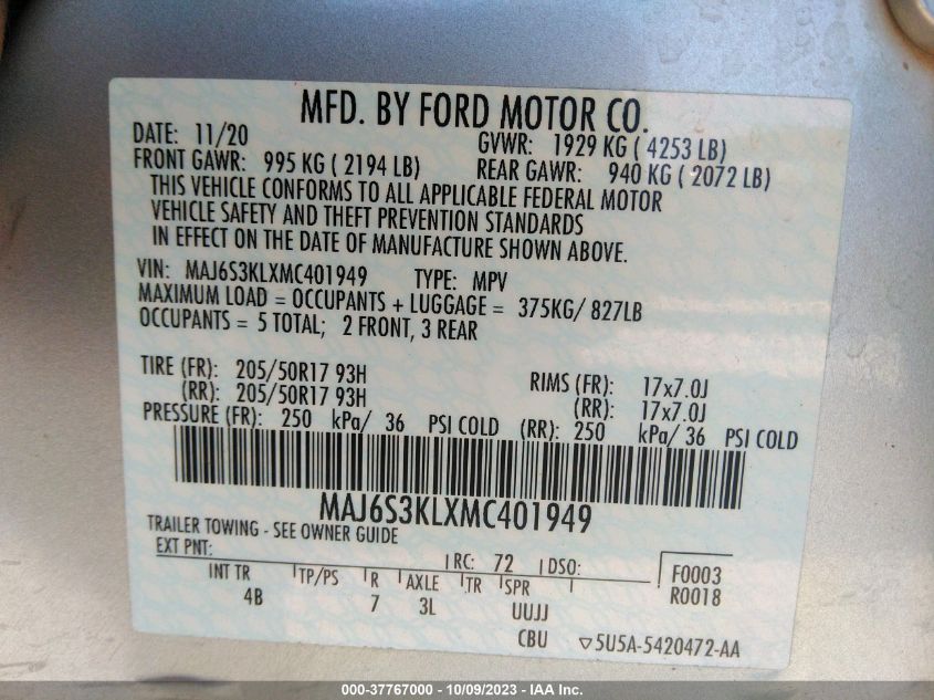 2021 FORD ECOSPORT TITANIUM - MAJ6S3KLXMC401949