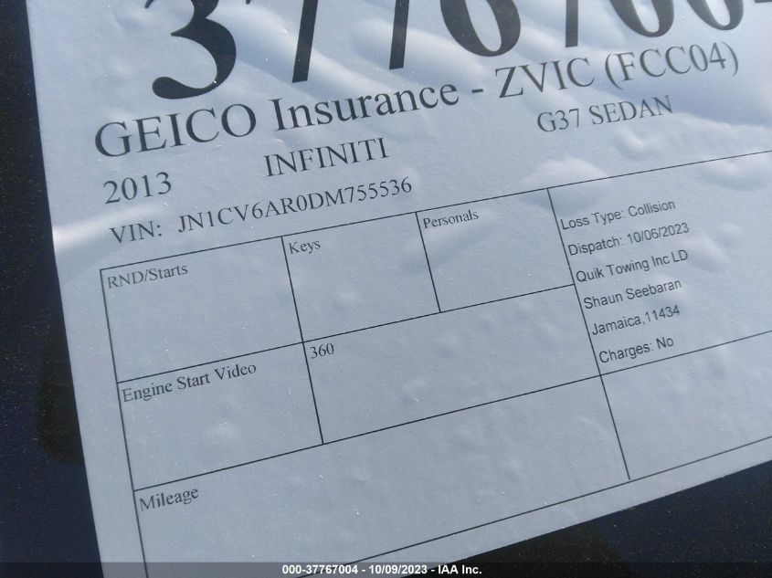 2013 INFINITI G37 SEDAN X - JN1CV6AR0DM755536