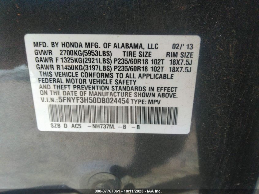2013 HONDA PILOT EX-L - 5FNYF3H50DB024454