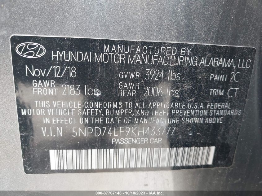 2019 HYUNDAI ELANTRA SE - 5NPD74LF9KH433777
