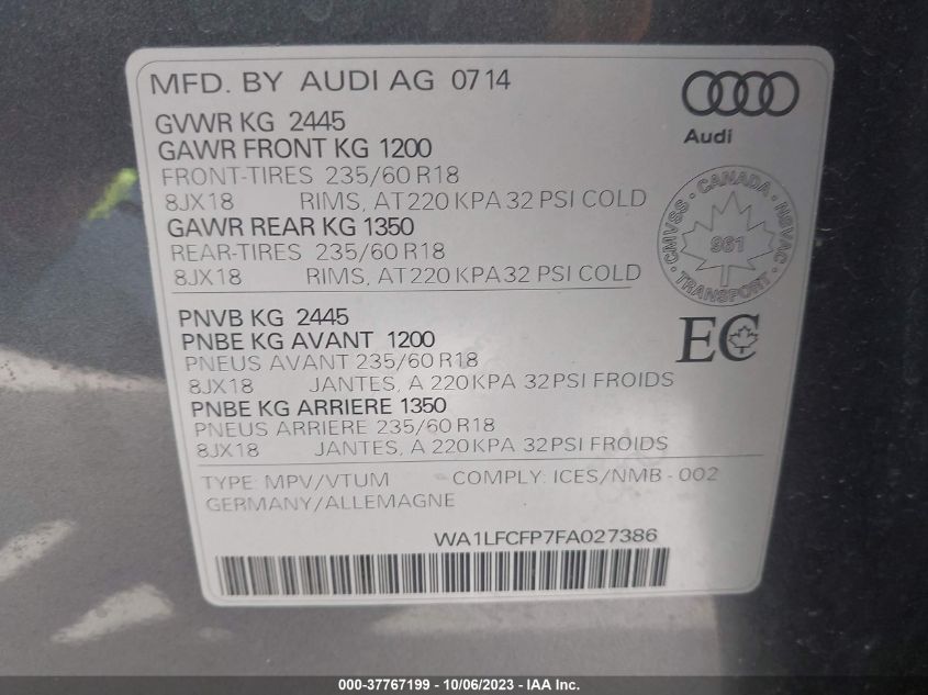 2015 AUDI Q5 2.0T PROGRESSIV - WA1LFCFP7FA027386