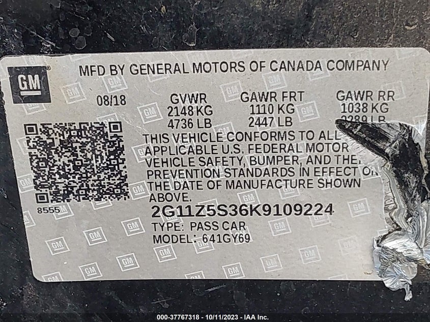 VIN 2G11Z5S36K9109224 2019 CHEVROLET IMPALA LT