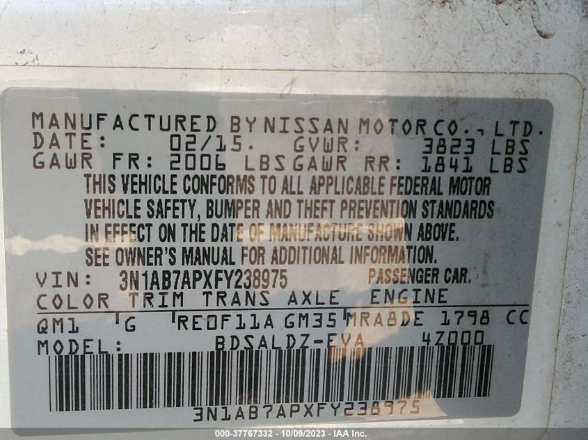 2015 NISSAN SENTRA SR/SL/S/SV/FE+ S - 3N1AB7APXFY238975