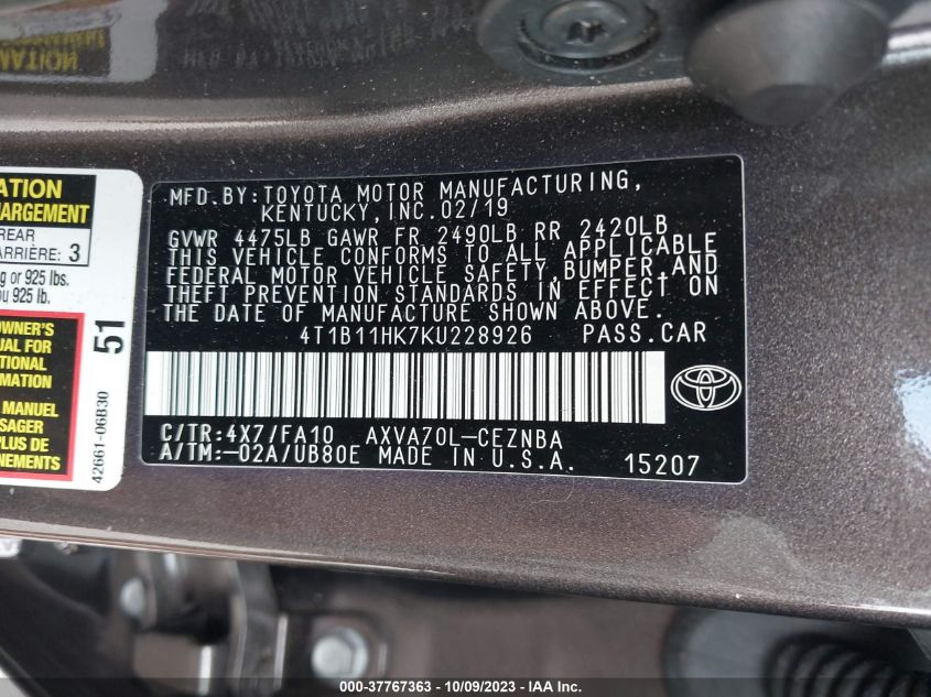 2019 TOYOTA CAMRY L/LE/XLE/SE/XSE - 4T1B11HK7KU228926