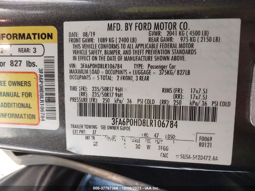 2020 FORD FUSION SE - 3FA6P0HD8LR106784