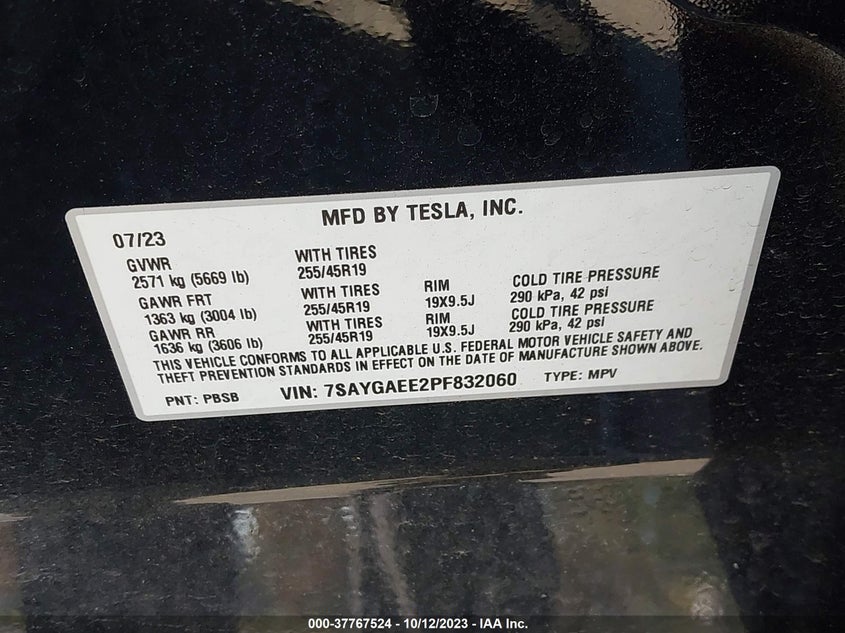 VIN 7SAYGAEE2PF832060 2023 TESLA MODEL Y LONG RANGE