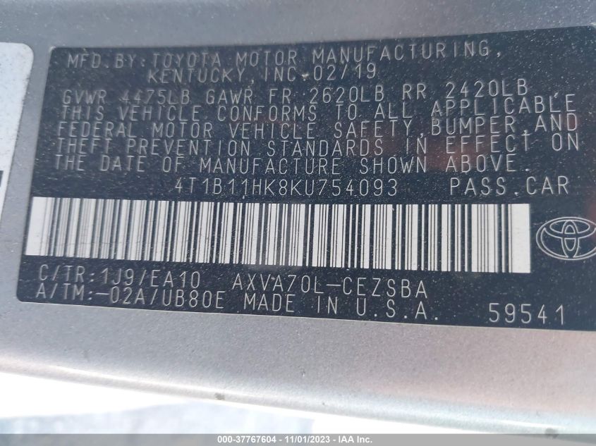 2019 TOYOTA CAMRY L/LE/XLE/SE/XSE - 4T1B11HK8KU754093