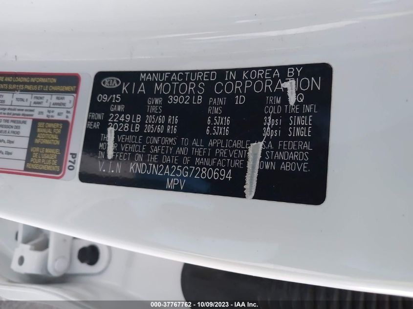2016 KIA SOUL BASE - KNDJN2A25G7280694